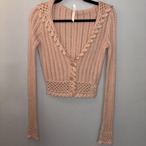 Lilu Dusty Rose Angora Blend Cardigan Knit Crochet Hooded Cottagecore Boho M